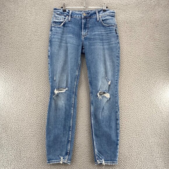 Silver Jeans Womens 29 Blue Acid Wash Denim Boyfriend Distressed Skinny Stretch - Picture 1 of 13